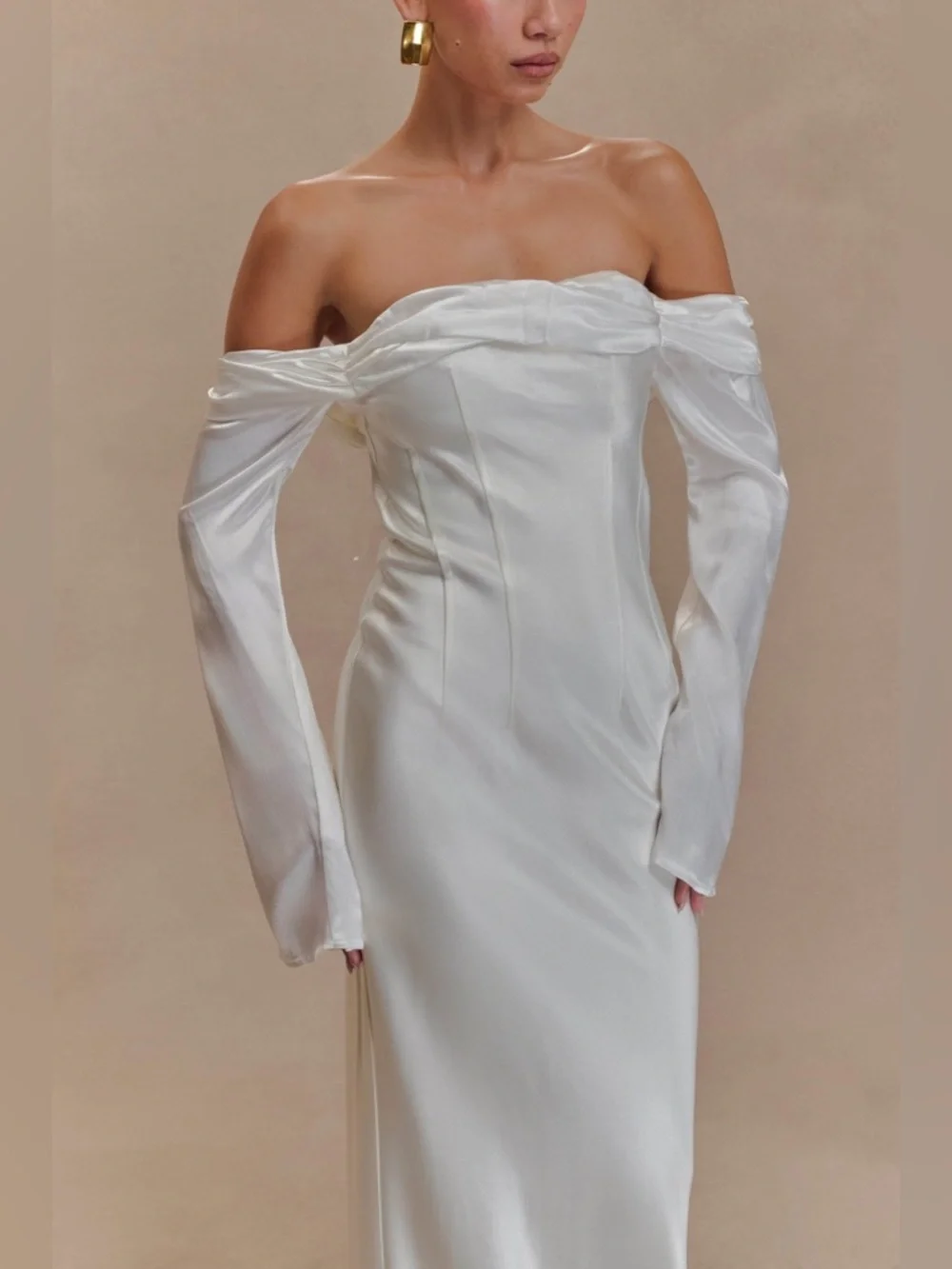Meshki Giselle Off Shoulder Cowl Neck Maxi Dress - White
